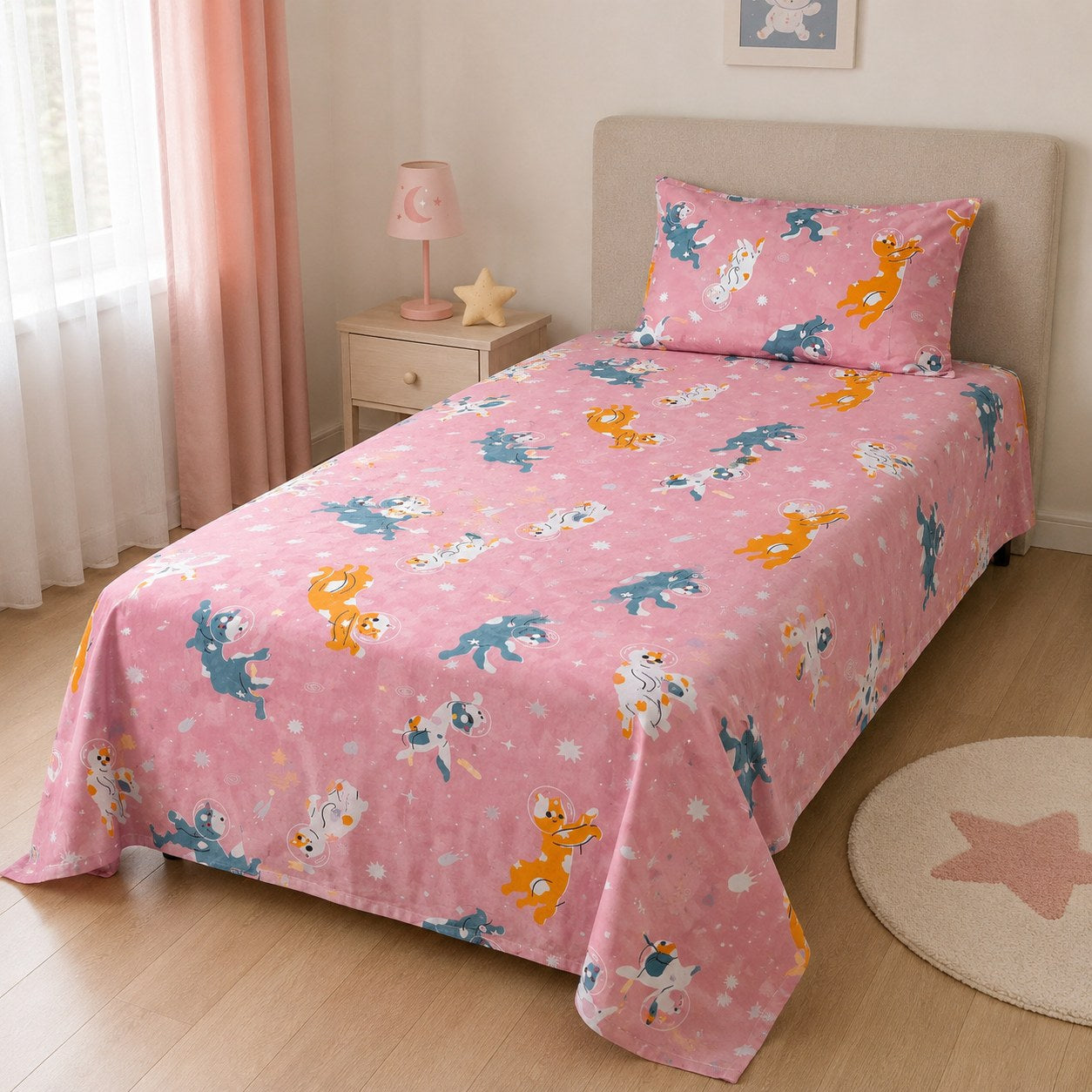 Pink space animal kids single bedsheet 60x90 inches