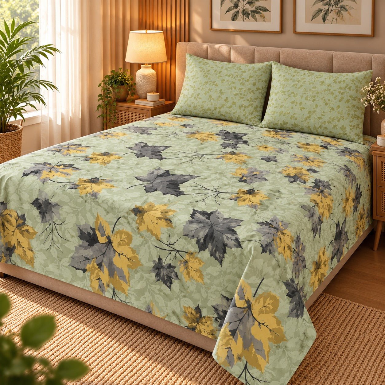 Autumn Maple Green Printed Cotton Double Bed Sheet with 2 Pillow Cases - The Idea
