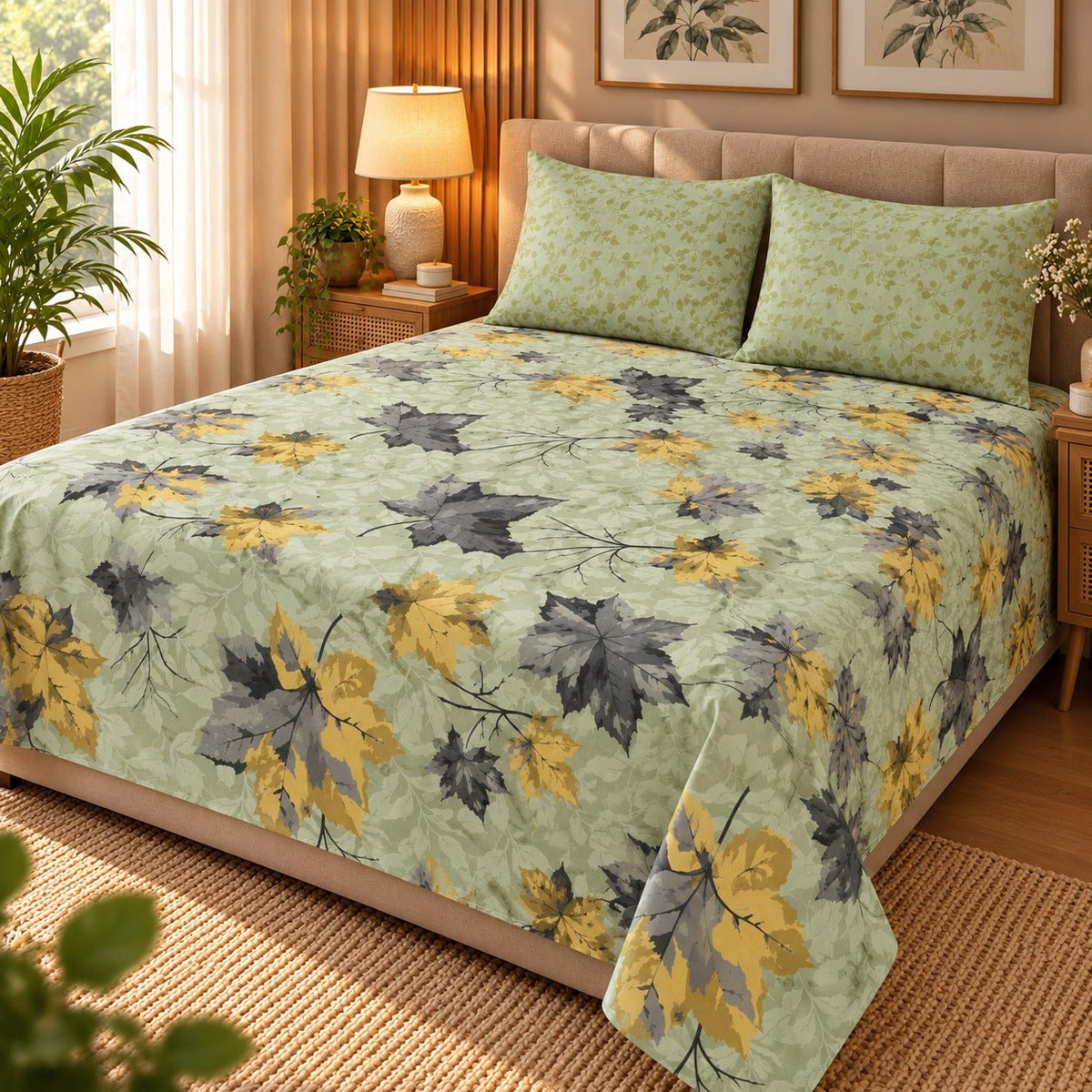 Autumn Maple Green Printed Cotton Double Bed Sheet with 2 Pillow Cases - The Idea