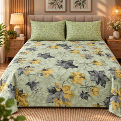 Autumn Maple Green Printed Cotton Double Bed Sheet with 2 Pillow Cases - The Idea