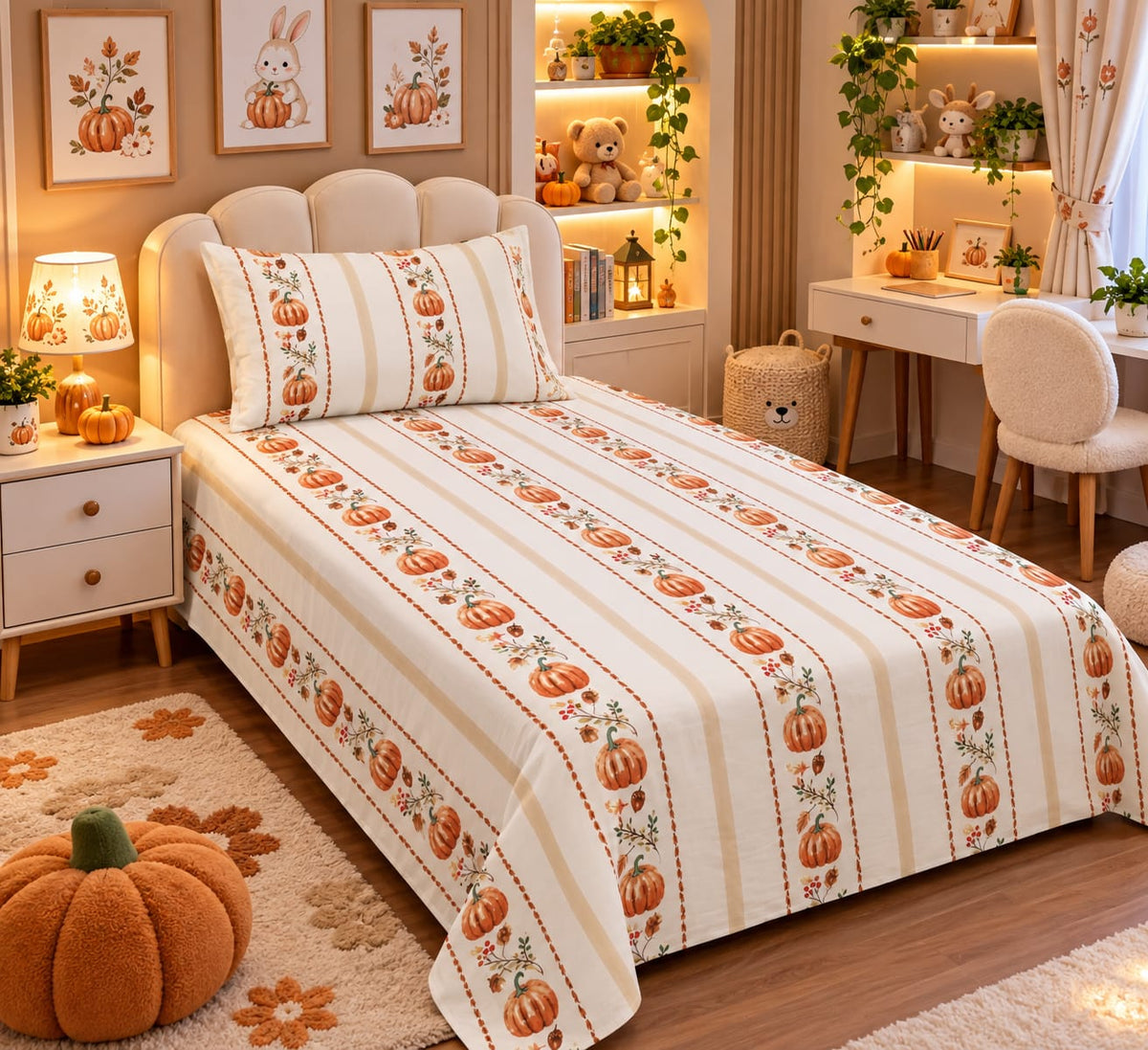 Autumn Pumpkin Stripe Kids Single Bed Sheet with Pillow Case