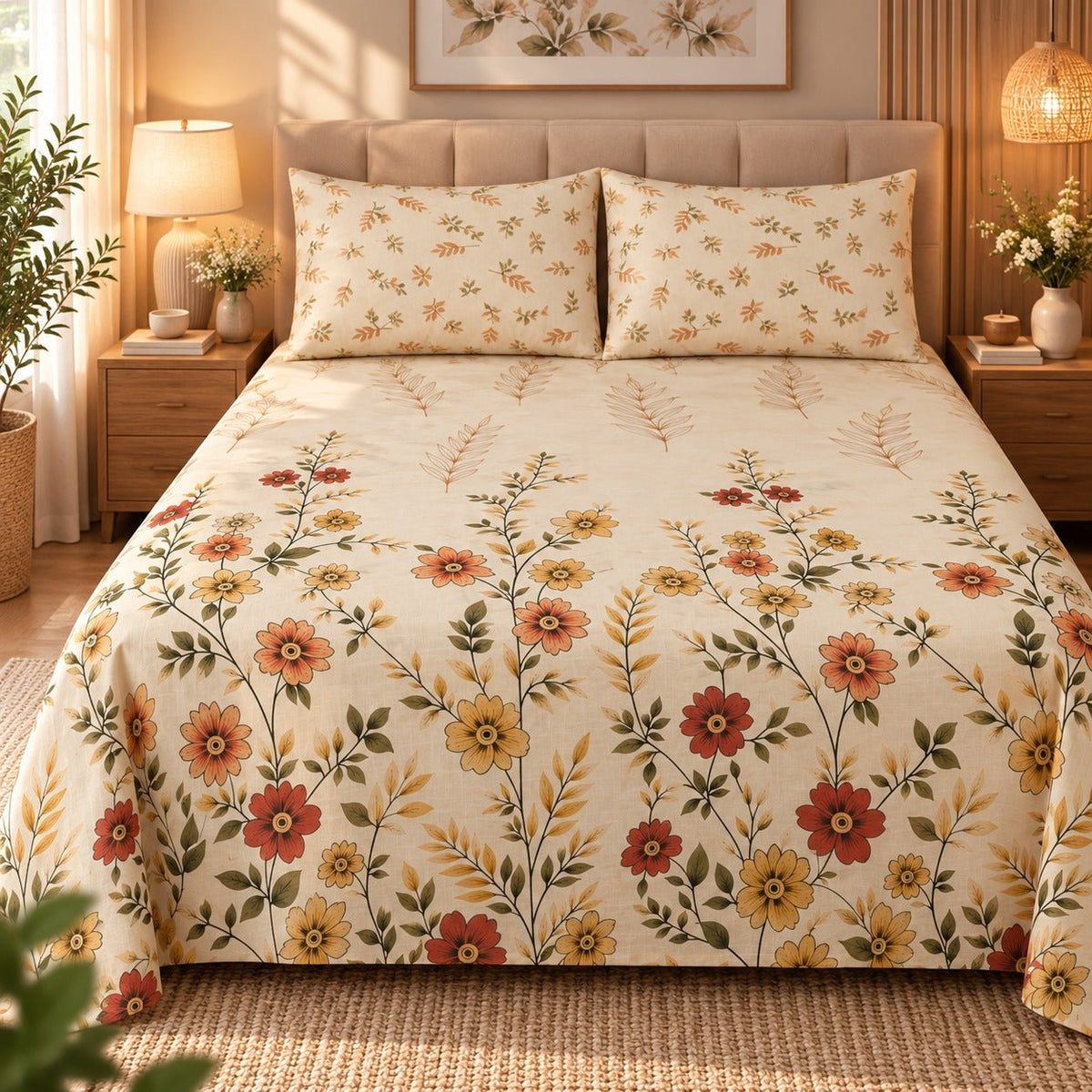 Autumn Wildflower Cream Printed Cotton Double Bed Sheet with 2 Pillow Cases - The Idea