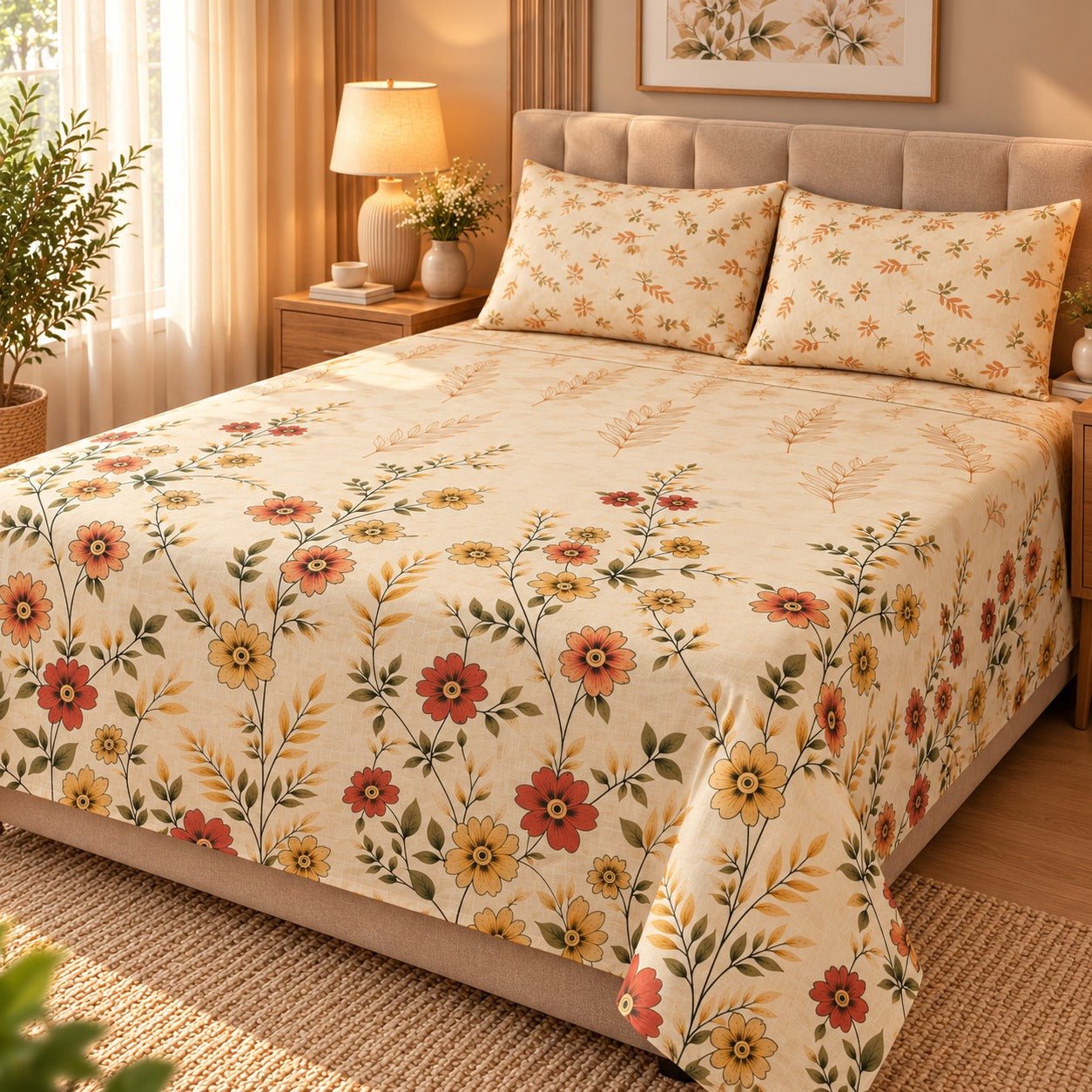 Autumn Wildflower Cream Printed Cotton Double Bed Sheet with 2 Pillow Cases - The Idea