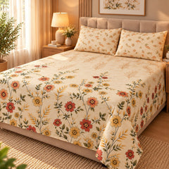 Autumn Wildflower Cream Printed Cotton Double Bed Sheet with 2 Pillow Cases - The Idea