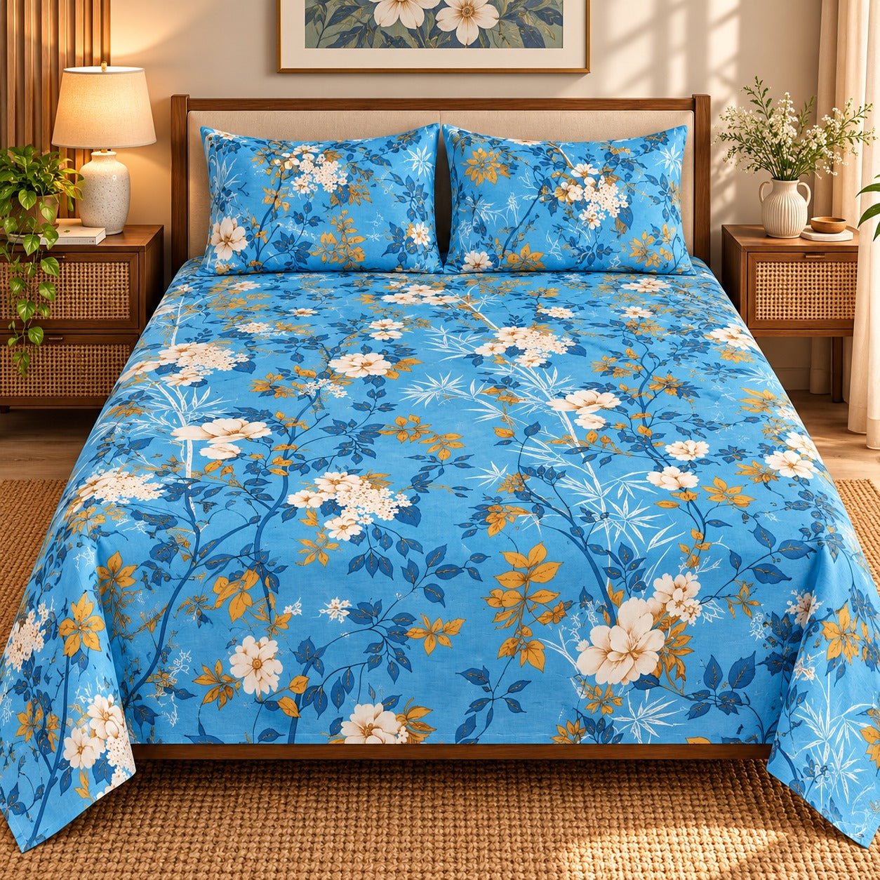 Azure Tropical Leaf Printed Cotton Double Bed Sheet with 2 Pillow Cases - The Idea