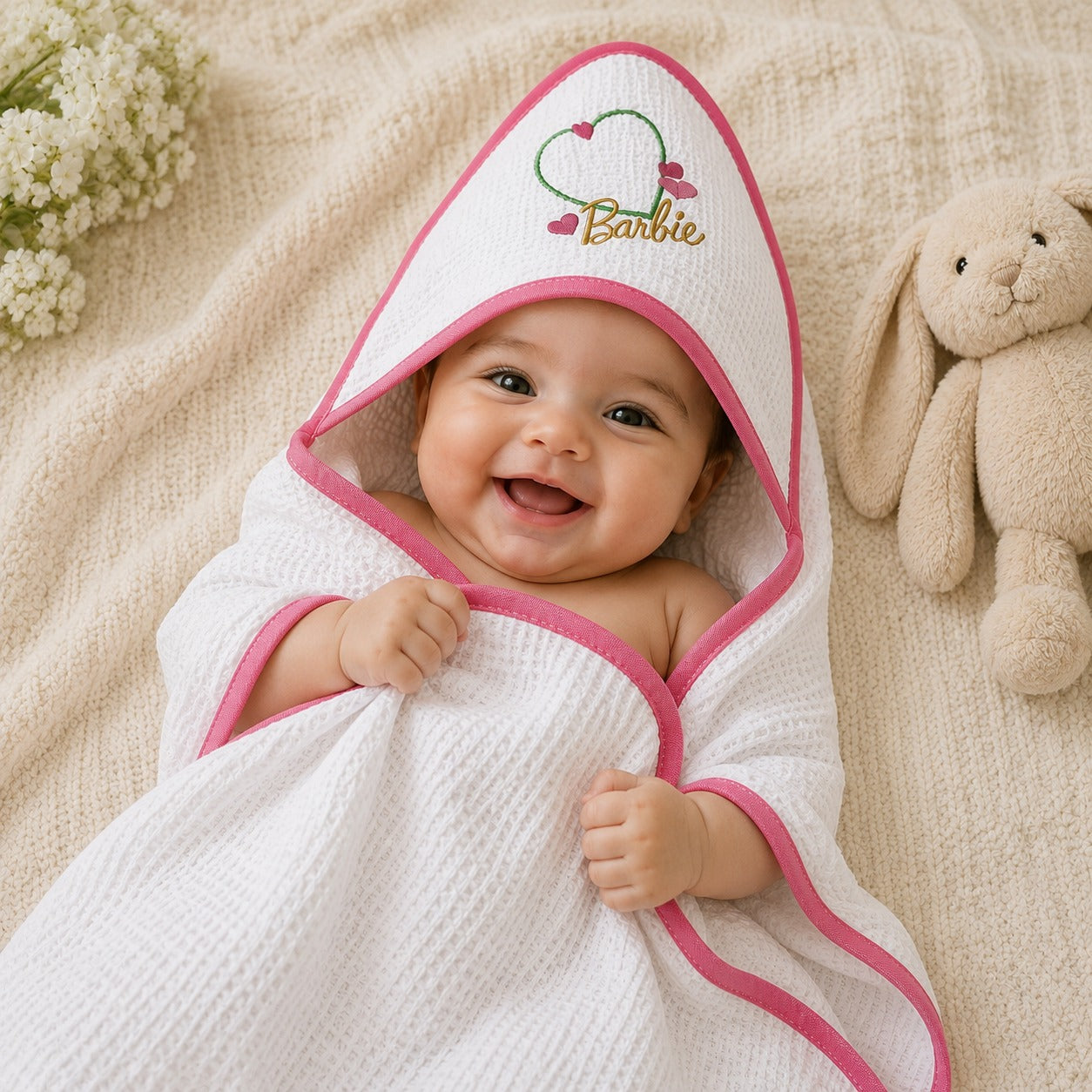 Baby lying in the Barbie heart hooded baby towel