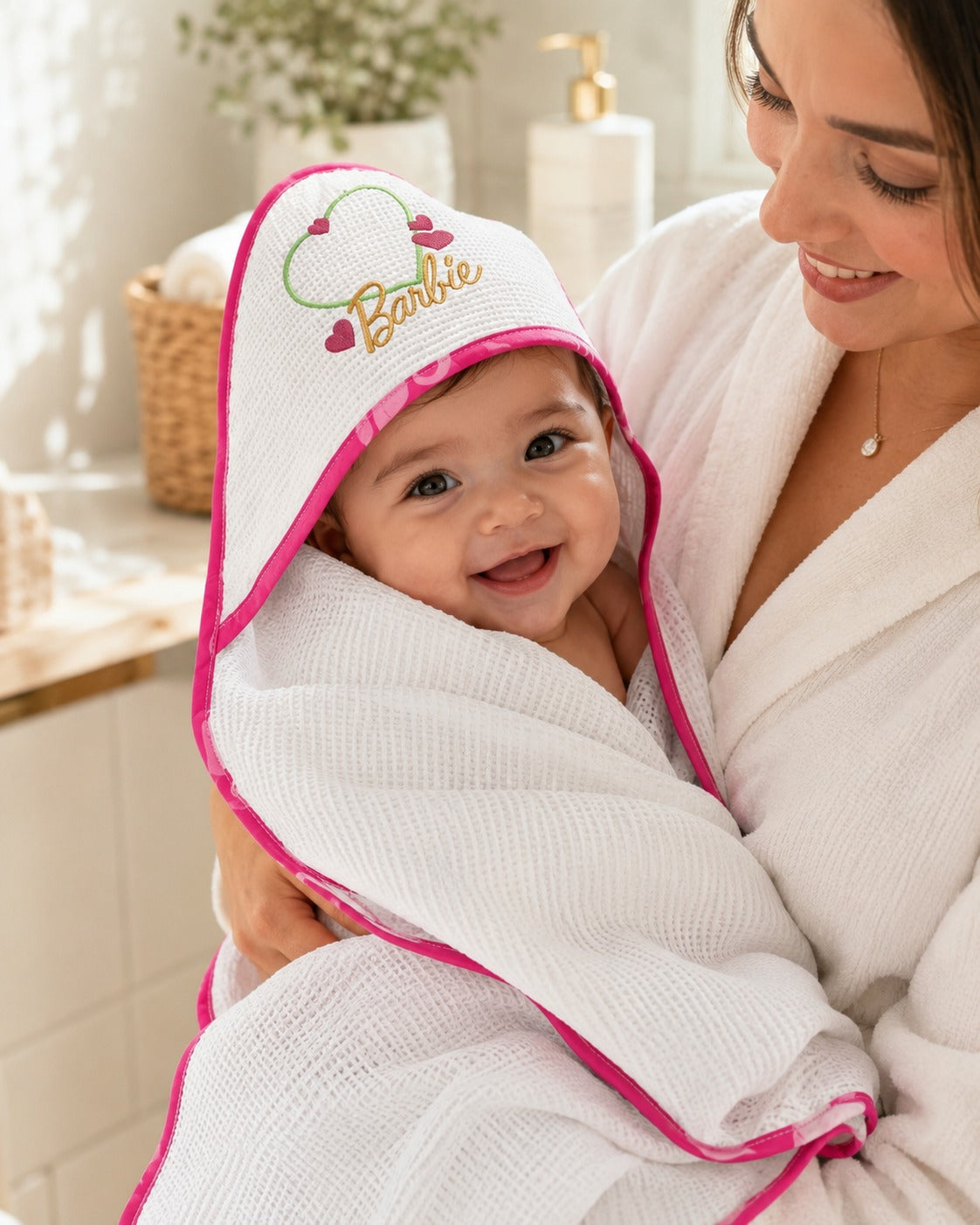 Mother holding baby in the Barbie heart hooded towel in the bathroom