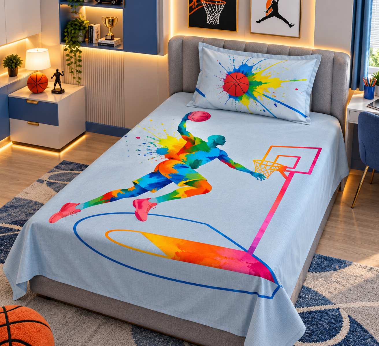Basketball Slam Dunk Kids Single Bed Sheet with Pillow Case - The Idea