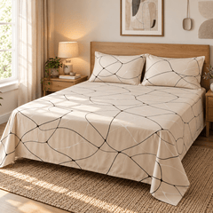 Beige Abstract Lines Kids Double Bed Sheet with 2 Pillow Cases - The Idea