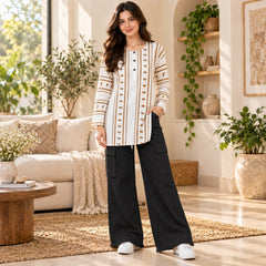 Beige Stripe Printed Top & Black Cargo Trouser Co-ord Set - The Idea