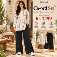 Beige Stripe Printed Top & Black Cargo Trouser Co-ord Set - The Idea