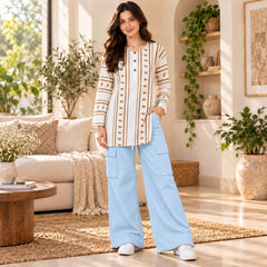 Beige Stripe Printed Top & Sky Blue Cargo Trouser Co-ord Set - The Idea