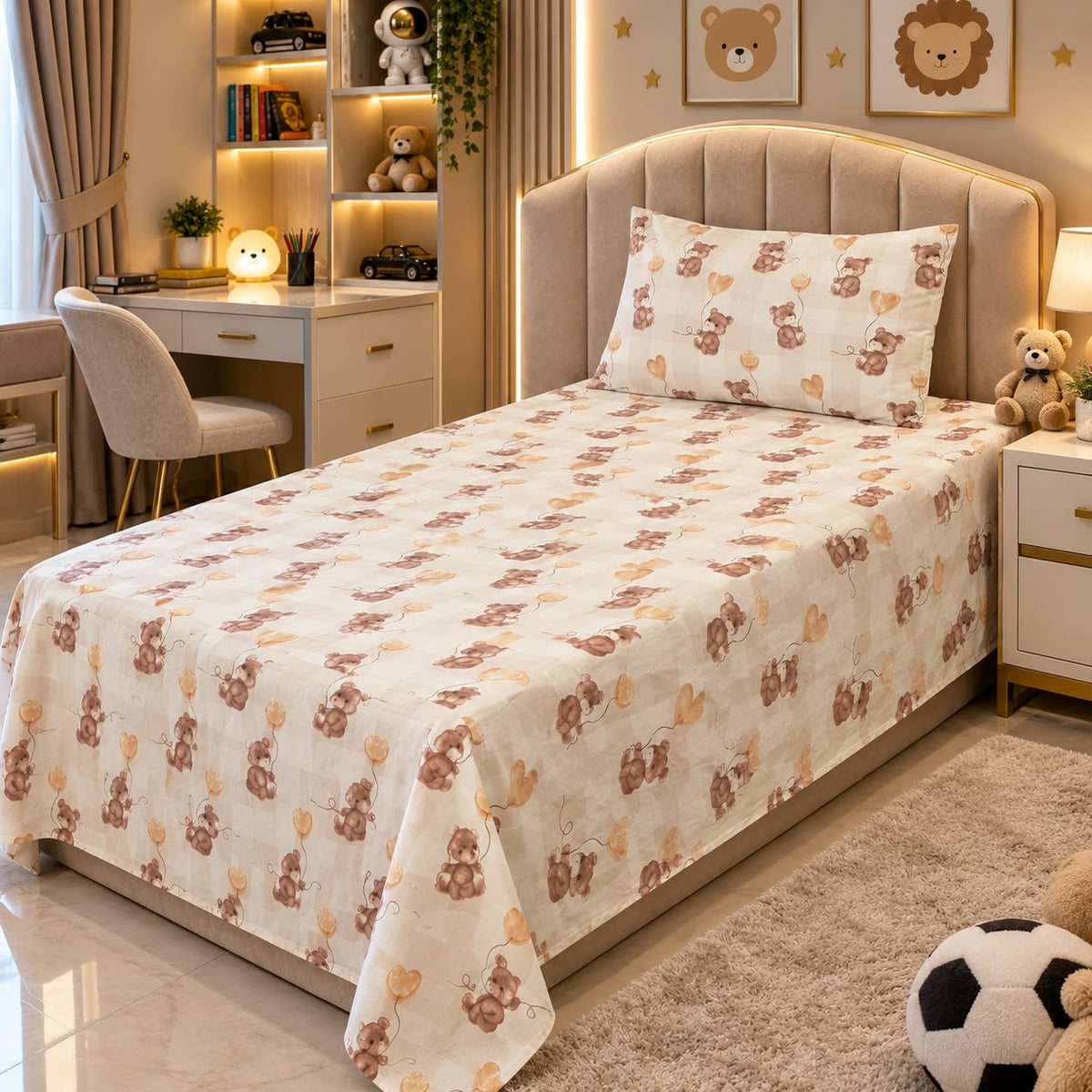 Beige Teddy Balloons Kids Single Bed Sheet with Pillow Case