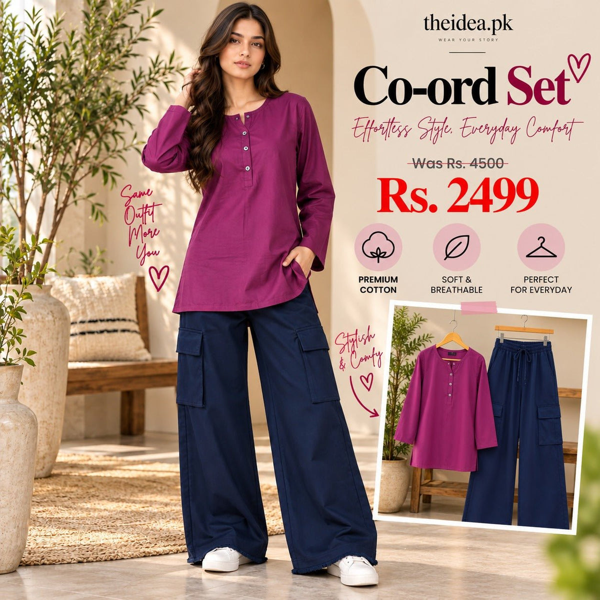 Berry Magenta Top & Navy Cargo Trouser Co-ord Set - The Idea