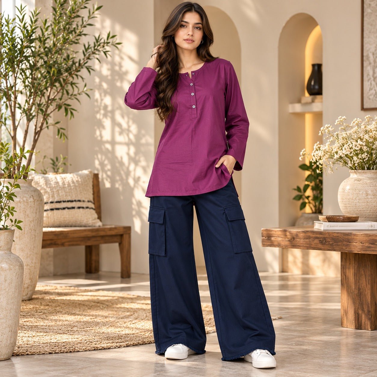Berry Magenta Top & Navy Cargo Trouser Co-ord Set - The Idea