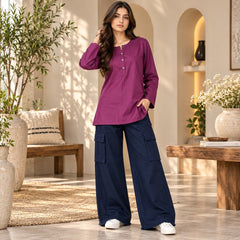 Berry Magenta Top & Navy Cargo Trouser Co-ord Set - The Idea