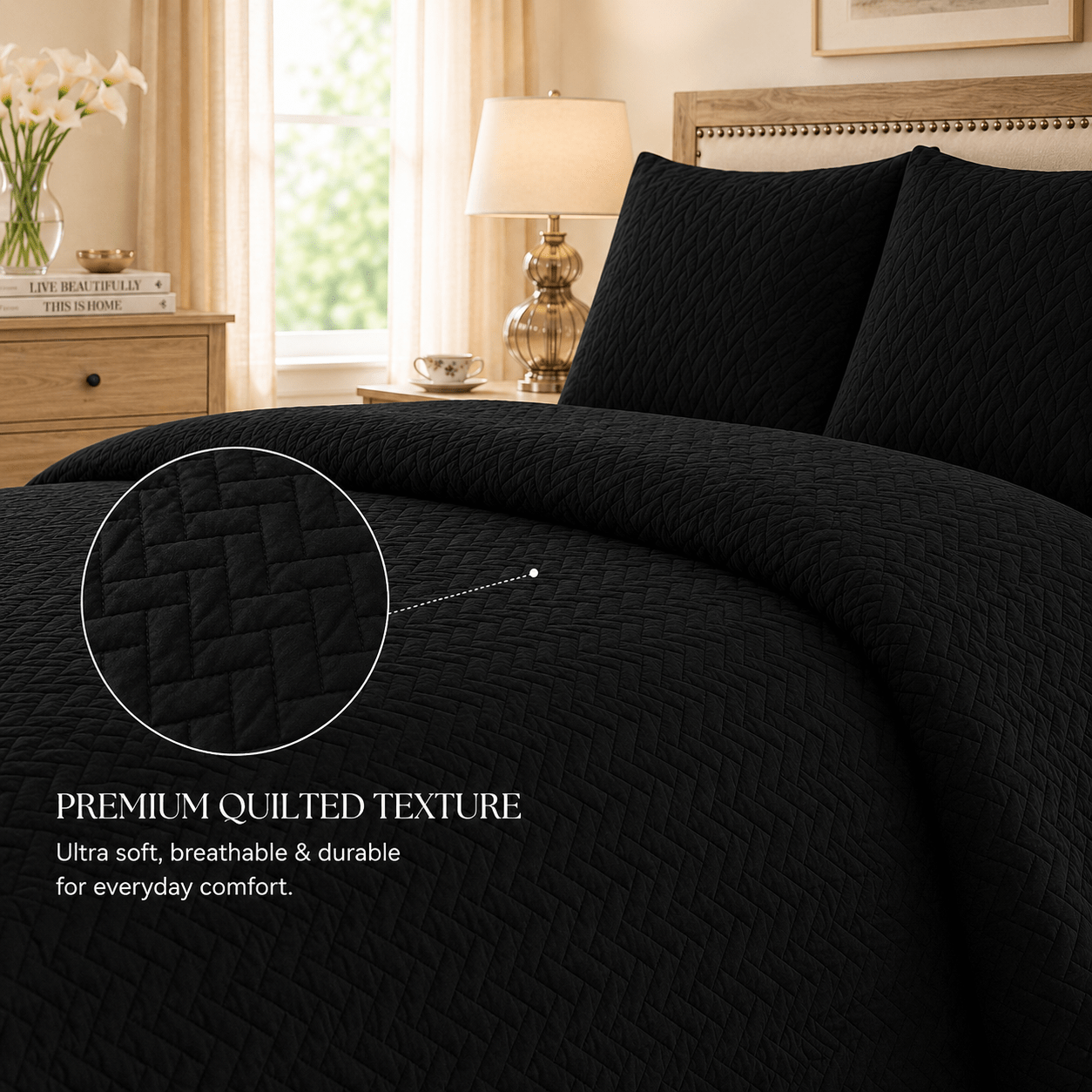 Black 3 PCS Quilted Bed Spread Set - The Idea