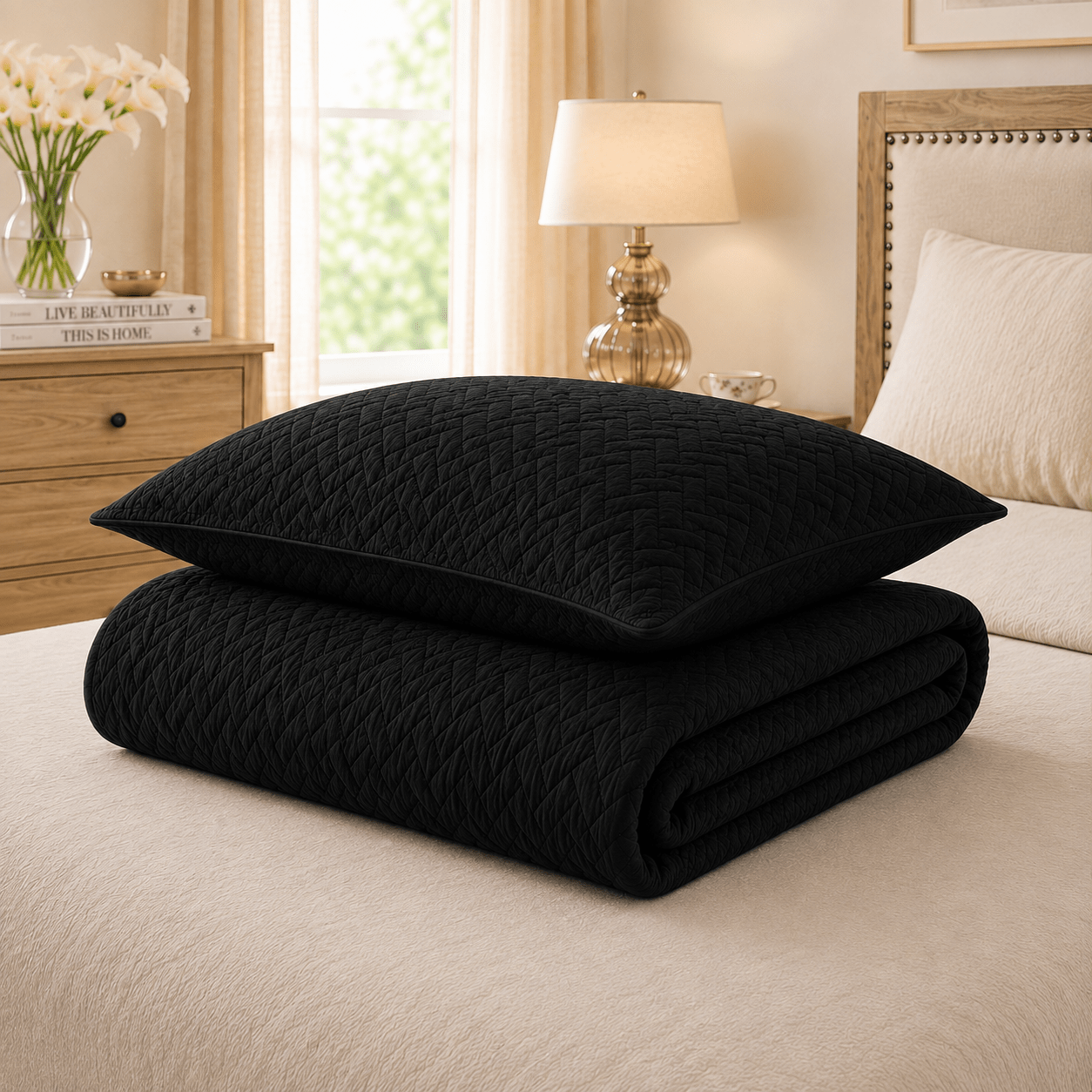 Black 3 PCS Quilted Bed Spread Set - The Idea