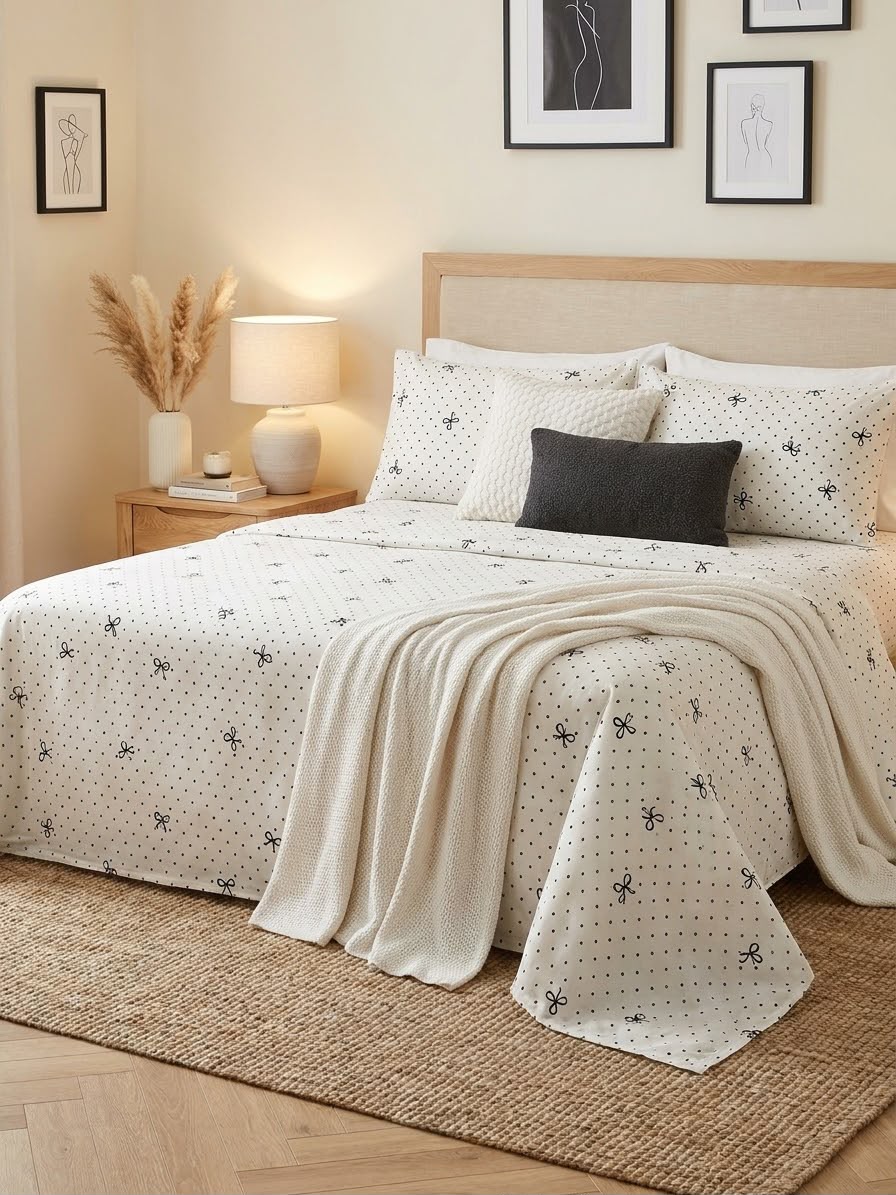 Black Bow & Dots Cream Kids Double Bed Sheet with 2 Pillow Cases - The Idea