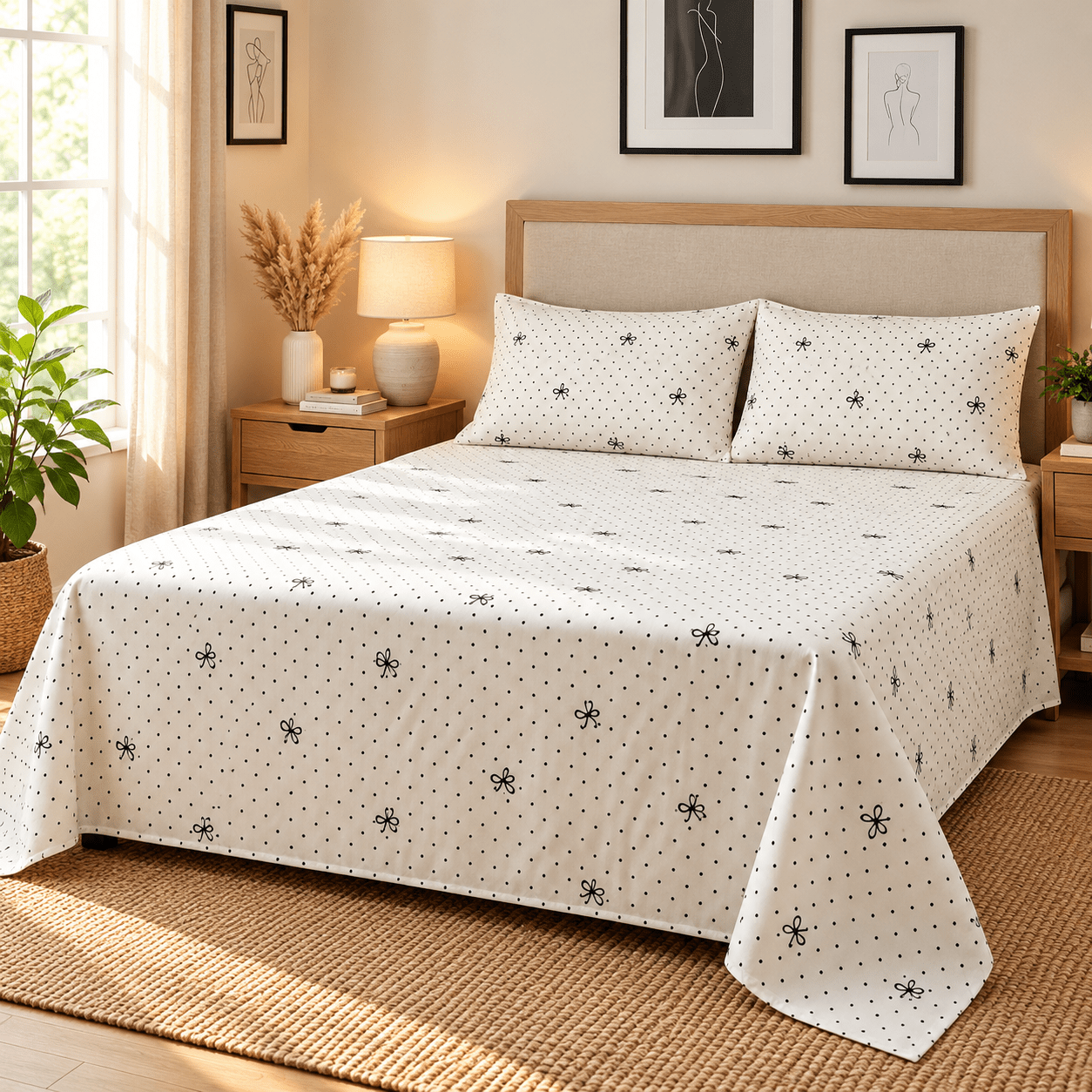 Black Bow & Dots Cream Kids Double Bed Sheet with 2 Pillow Cases - The Idea