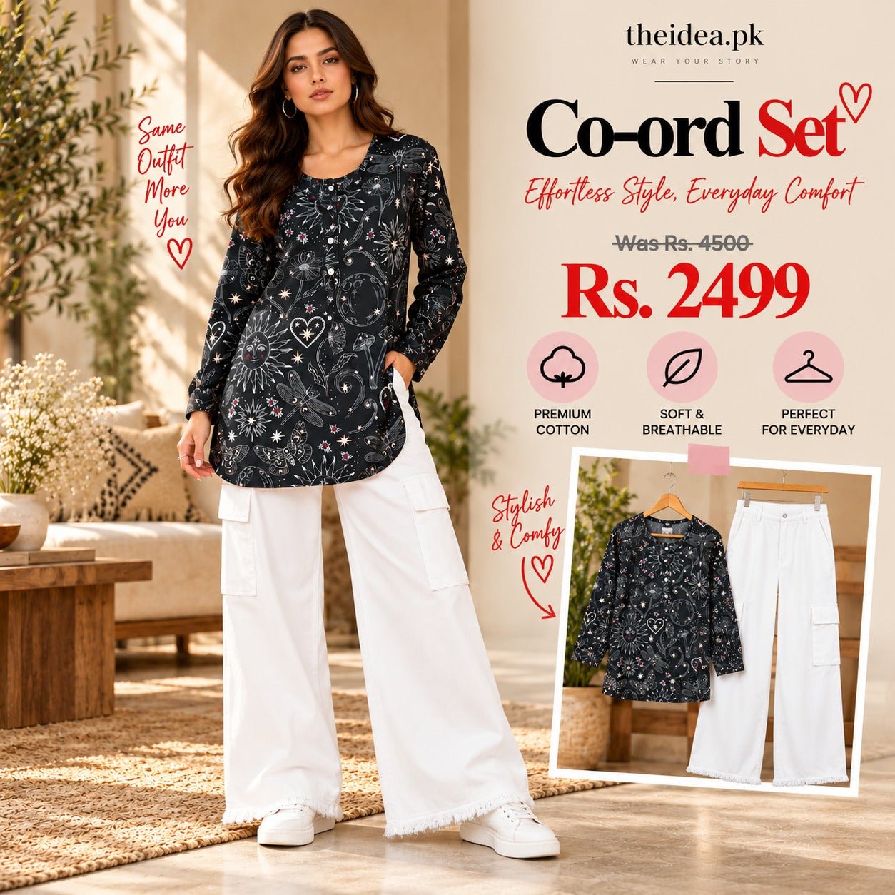 Black Celestial Printed Top & White Cargo Trouser Co-ord Set II - The Idea