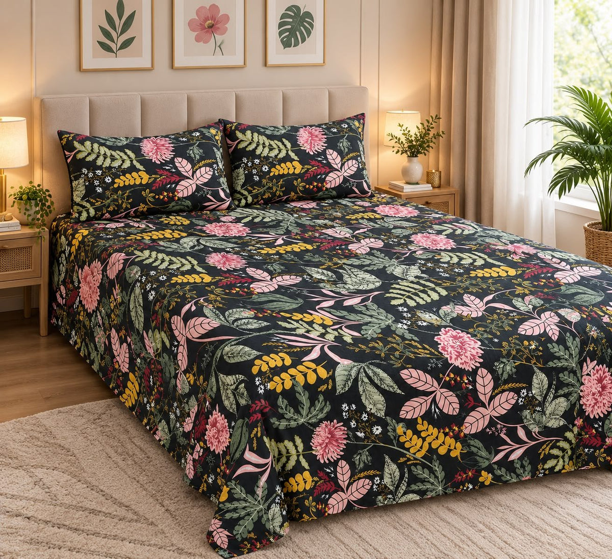 Black Floral Garden Kids Double Bed Sheet with 2 Pillow Cases - The Idea