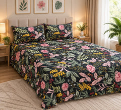 Black Floral Garden Kids Double Bed Sheet with 2 Pillow Cases - The Idea