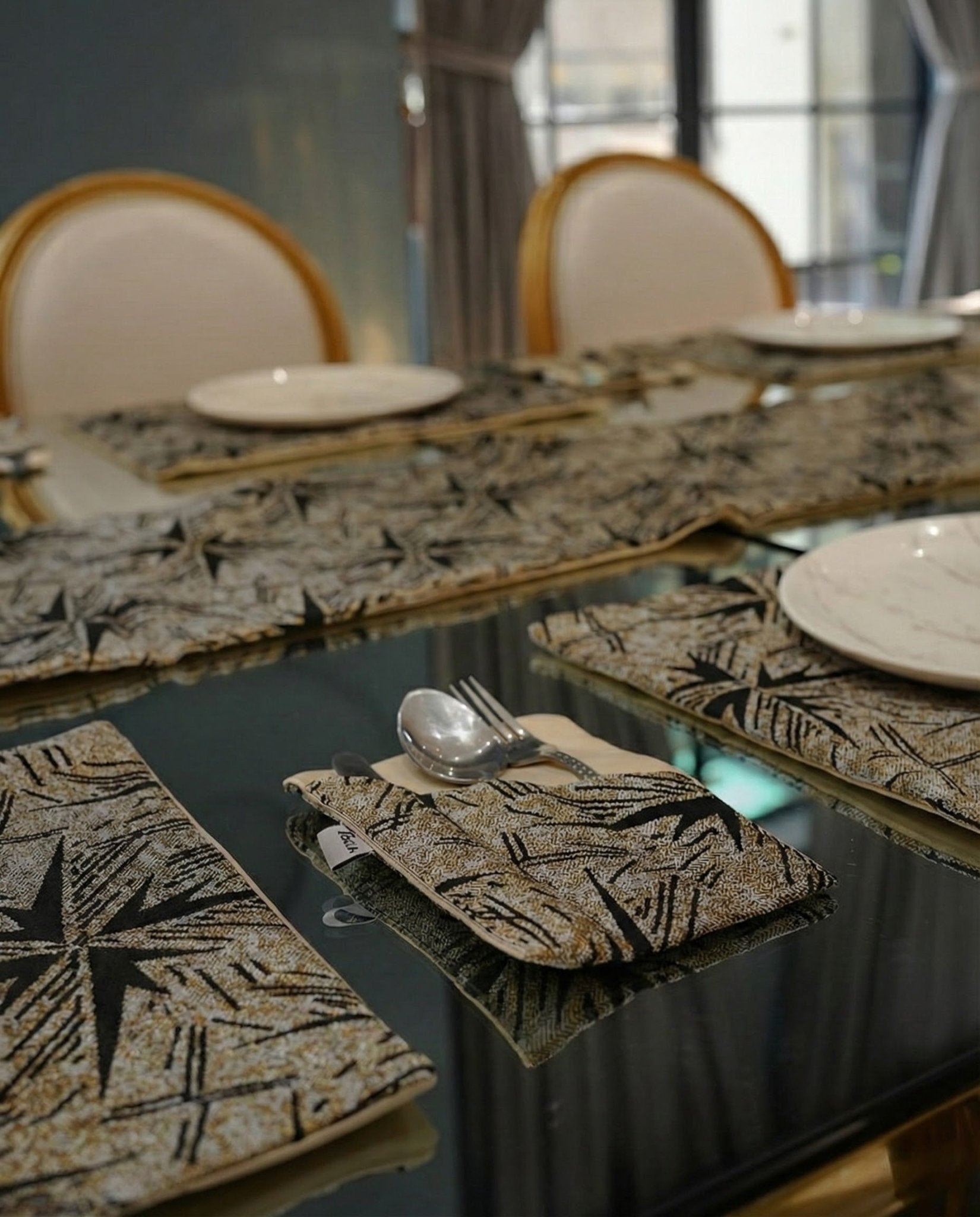 Black Gold Branch Jacquard Dining Set – Table Runner, 6 Placemats & 6 Spoon Covers - The Idea