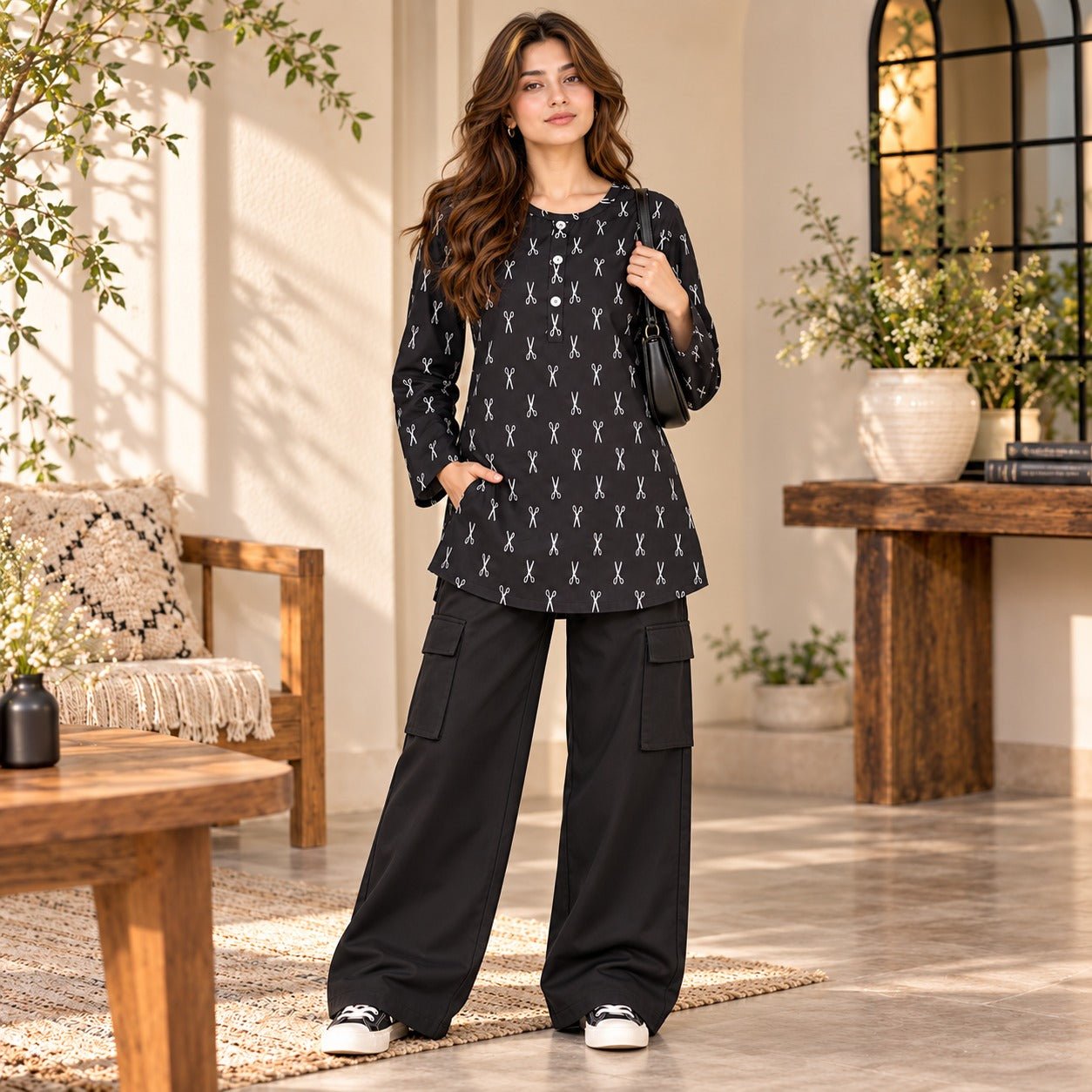 Black Scissor Print Top & Black Cargo Trouser Co-ord Set - The Idea