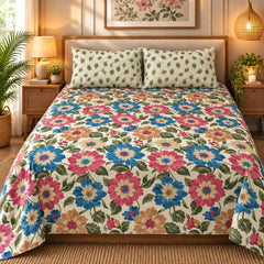 Bloom Fiesta Multicolor Printed Cotton Double Bed Sheet with 2 Pillow Cases - The Idea
