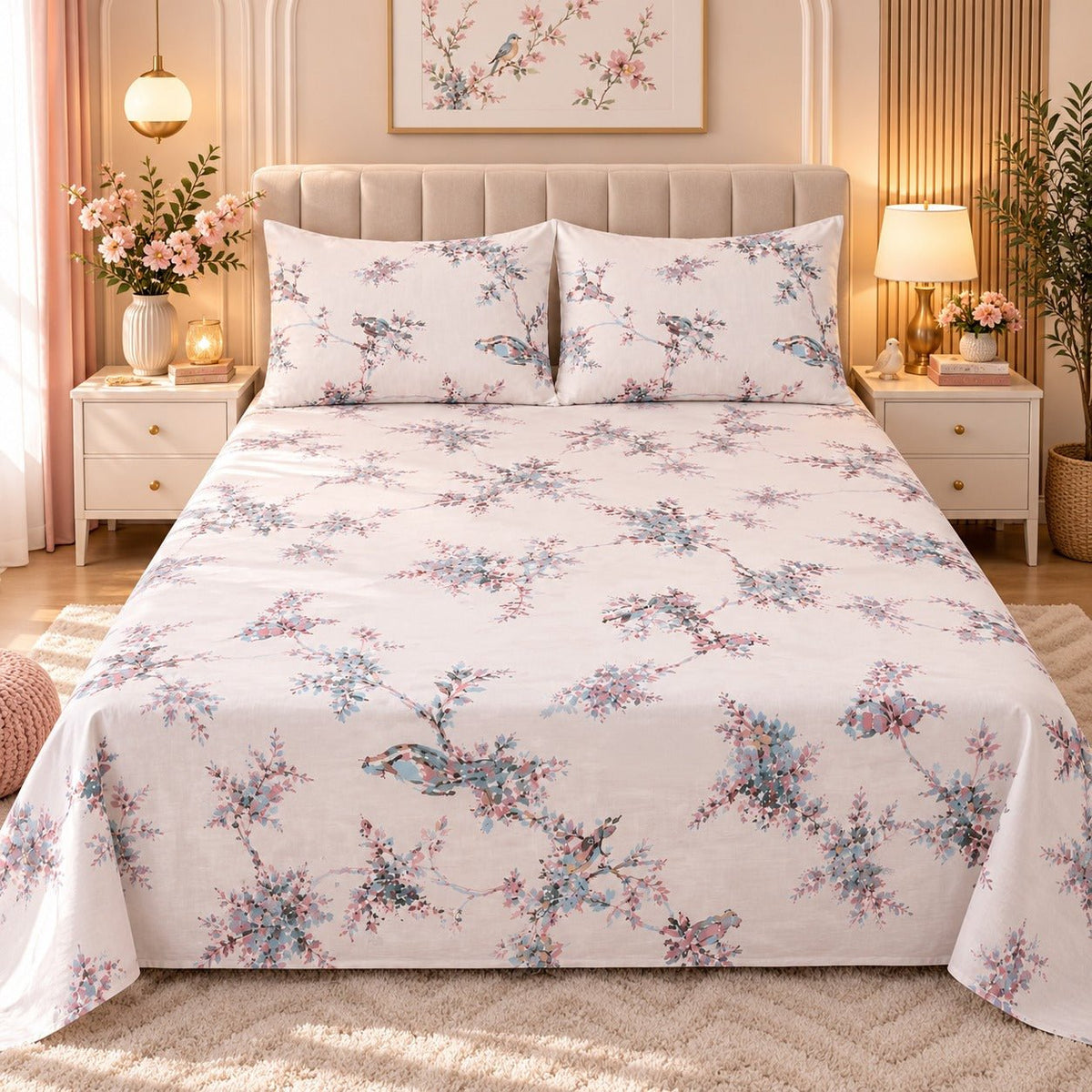 Blossom Birds Floral Kids Double Bed Sheet with 2 Pillow Cases - The Idea