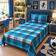 Blue Check Kids Single Bed Sheet with Pillow Case - The Idea