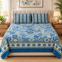 Blue Jaipuri Tile Printed Cotton Double Bed Sheet with 2 Pillow Cases - The Idea