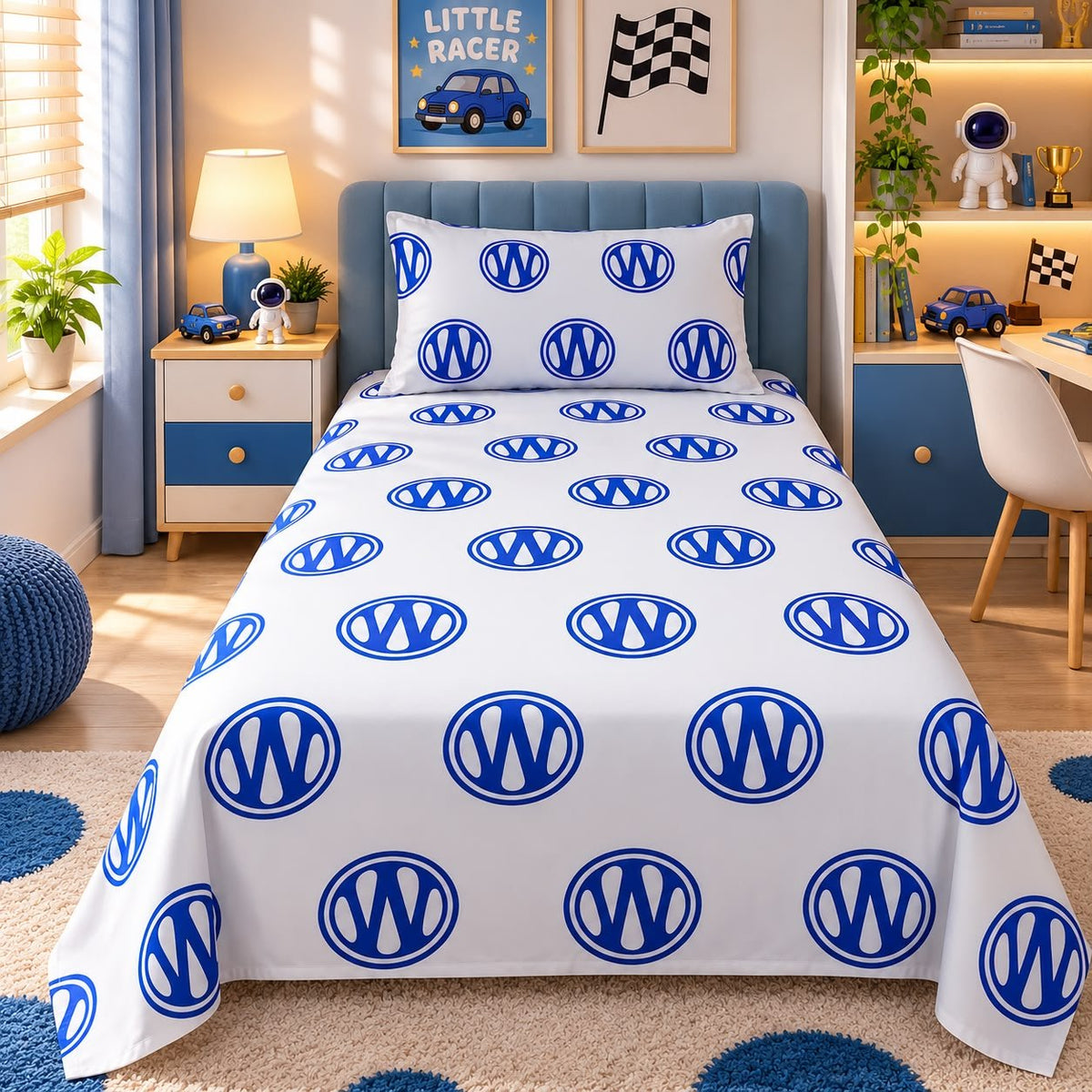 Blue Racer Cars Kids Single Bed Sheet with Pillow Case - The Idea