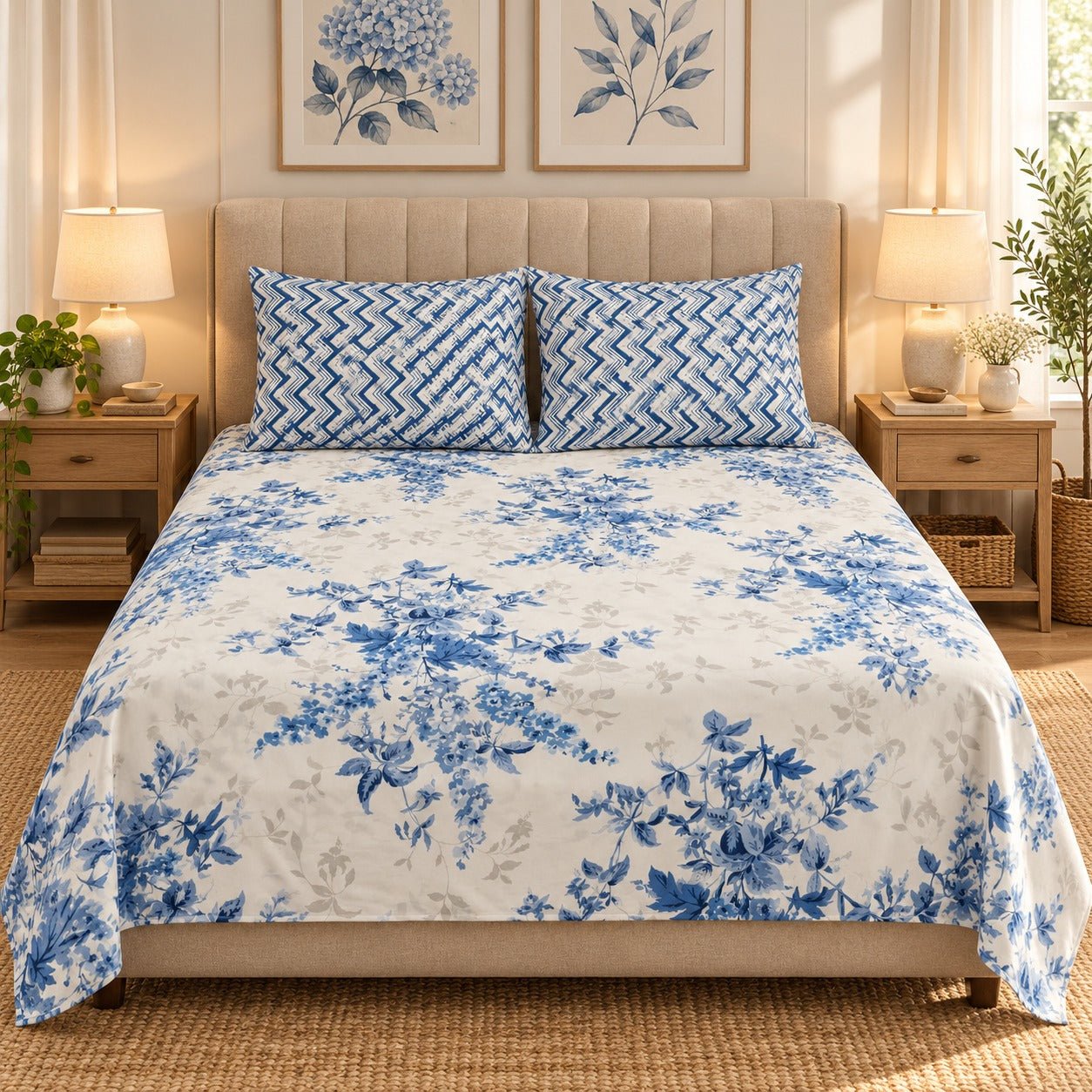 Blue Toile Garden Printed Cotton Double Bed Sheet with 2 Pillow Cases - The Idea
