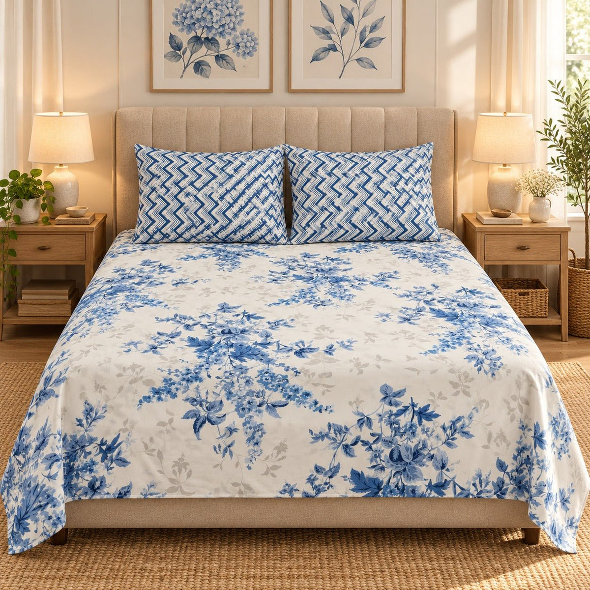 Blue Toile Garden Printed Cotton Double Bed Sheet with 2 Pillow Cases - The Idea