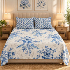 Blue Toile Garden Printed Cotton Double Bed Sheet with 2 Pillow Cases - The Idea