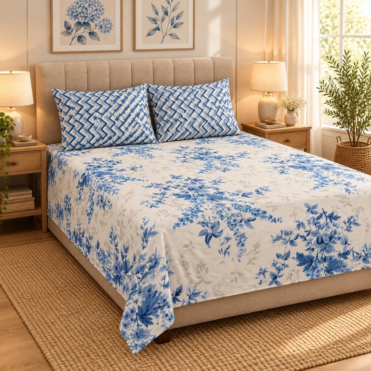Blue Toile Garden Printed Cotton Double Bed Sheet with 2 Pillow Cases - The Idea