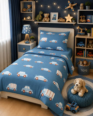 Blue Toy Cars Kids Single Bed Sheet with Pillow Case
