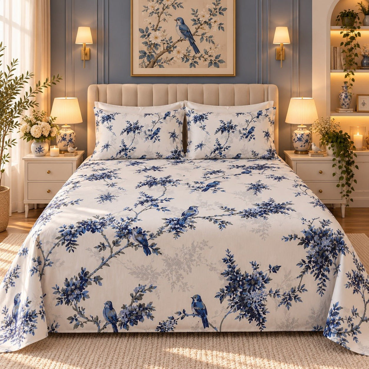 Blue & White Birds Floral Kids Double Bed Sheet with 2 Pillow Cases - The Idea