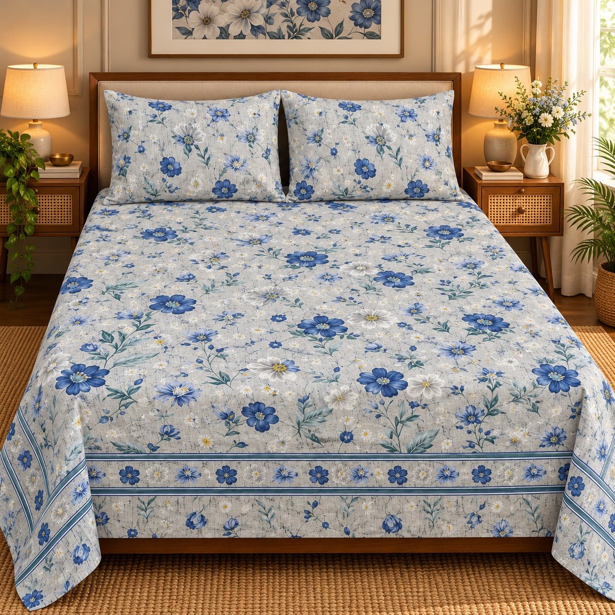 Bluebell Border Printed Cotton Double Bed Sheet with 2 Pillow Cases - The Idea