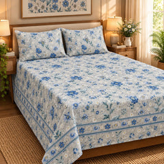 Bluebell Border Printed Cotton Double Bed Sheet with 2 Pillow Cases - The Idea