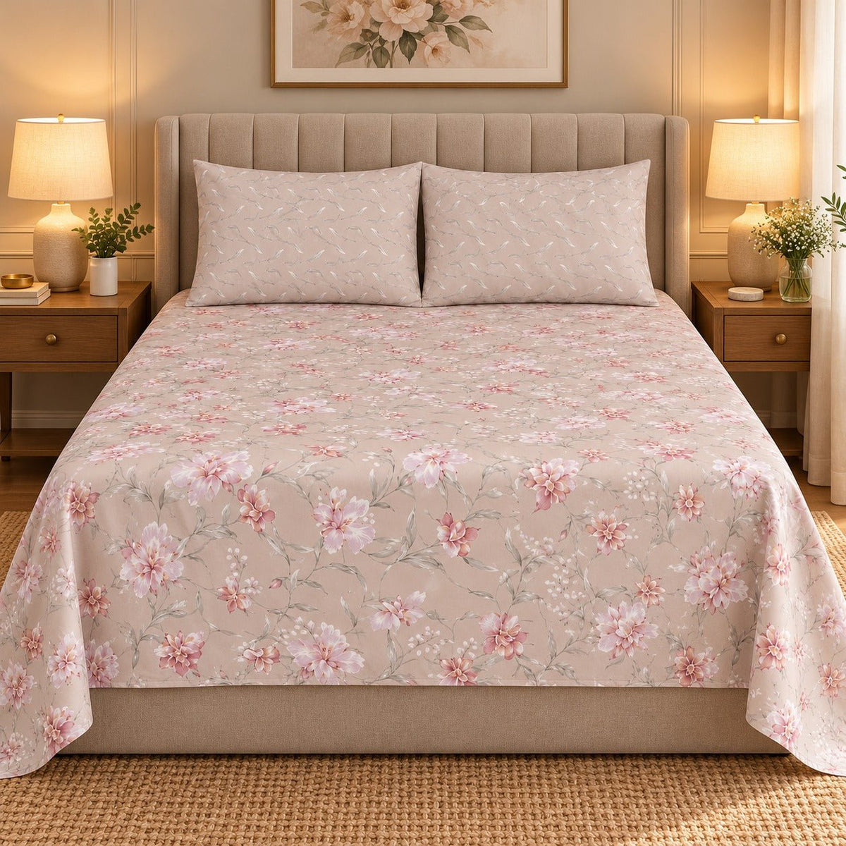 Blush Pink Blossom Printed Cotton Double Bed Sheet with 2 Pillow Cases - The Idea