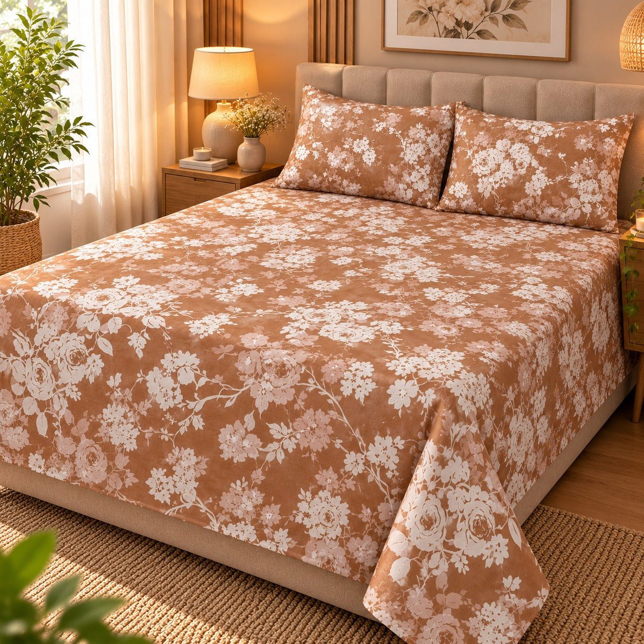 Blush Taupe Floral Printed Cotton Double Bed Sheet with 2 Pillow Cases - The Idea