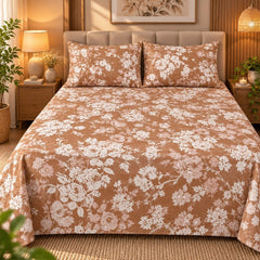 Blush Taupe Floral Printed Cotton Double Bed Sheet with 2 Pillow Cases - The Idea