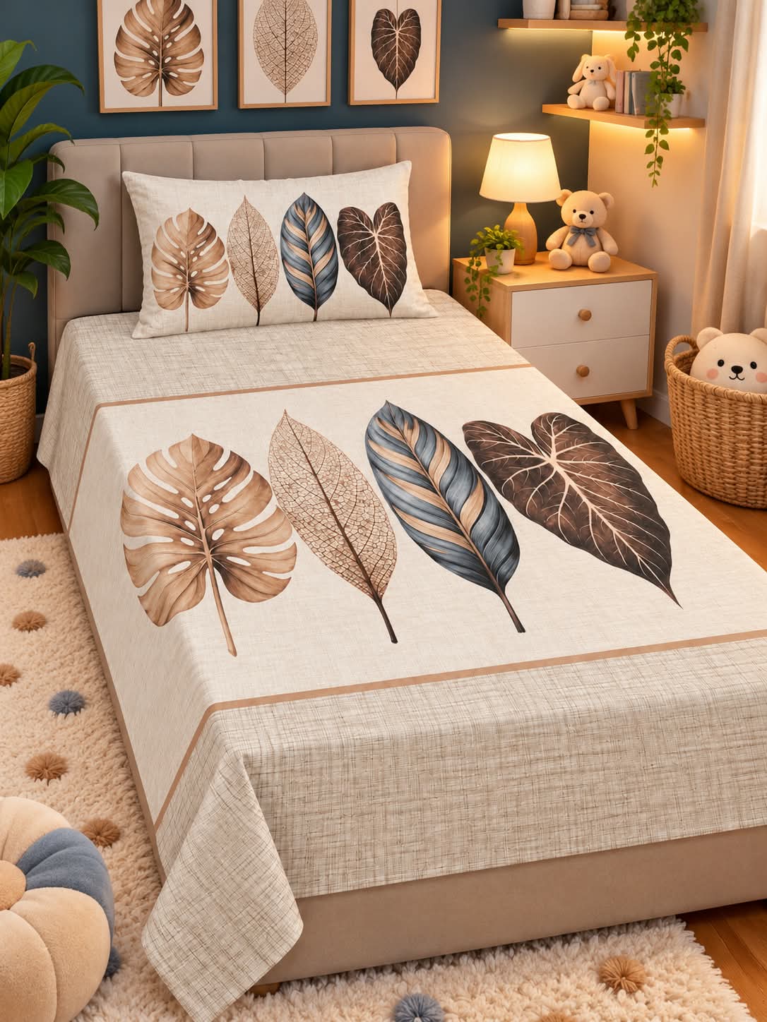 Botanical Leaves Kids Single Bed Sheet with Pillow Case - The Idea