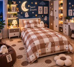 Brown Check Ghosts Kids Single Bed Sheet with Pillow Case