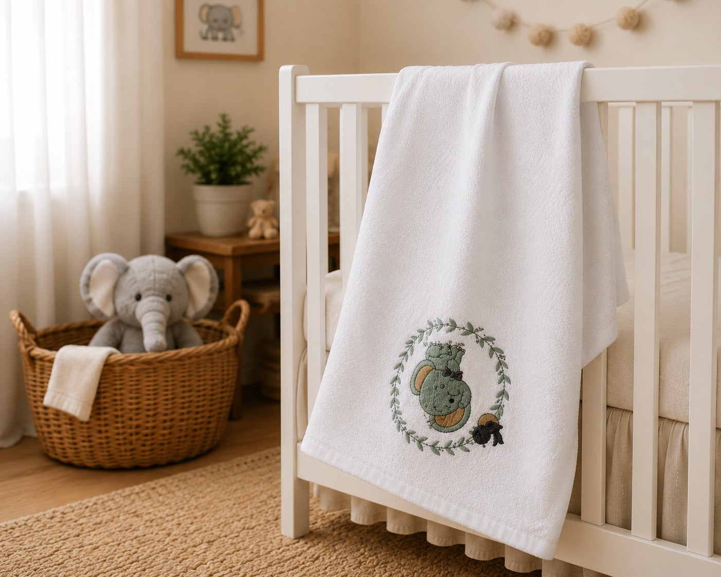 The Idea white cotton baby blanket with green woodland bunny wreath embroidery