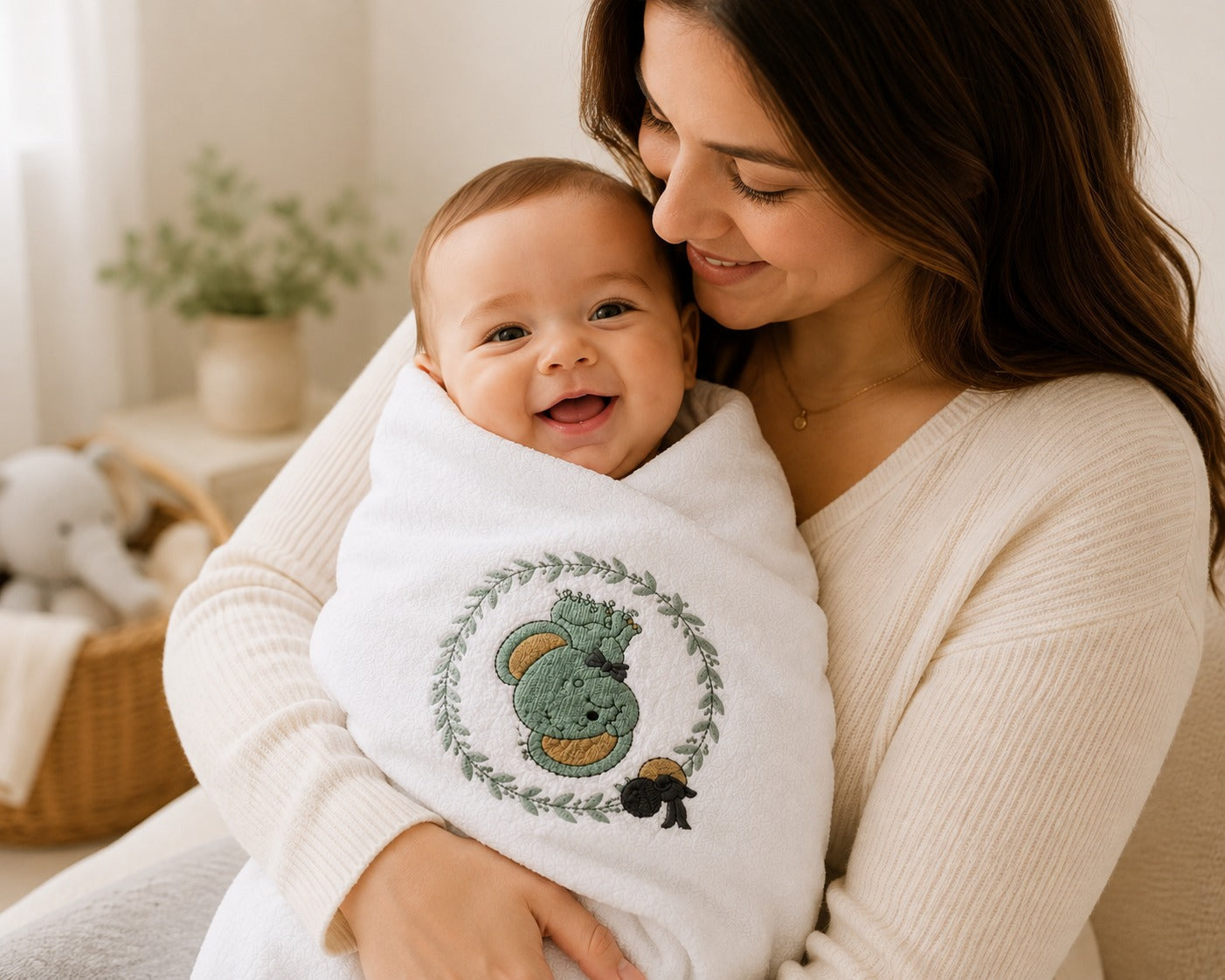 Mother holding baby wrapped in white bunny embroidered baby blanket