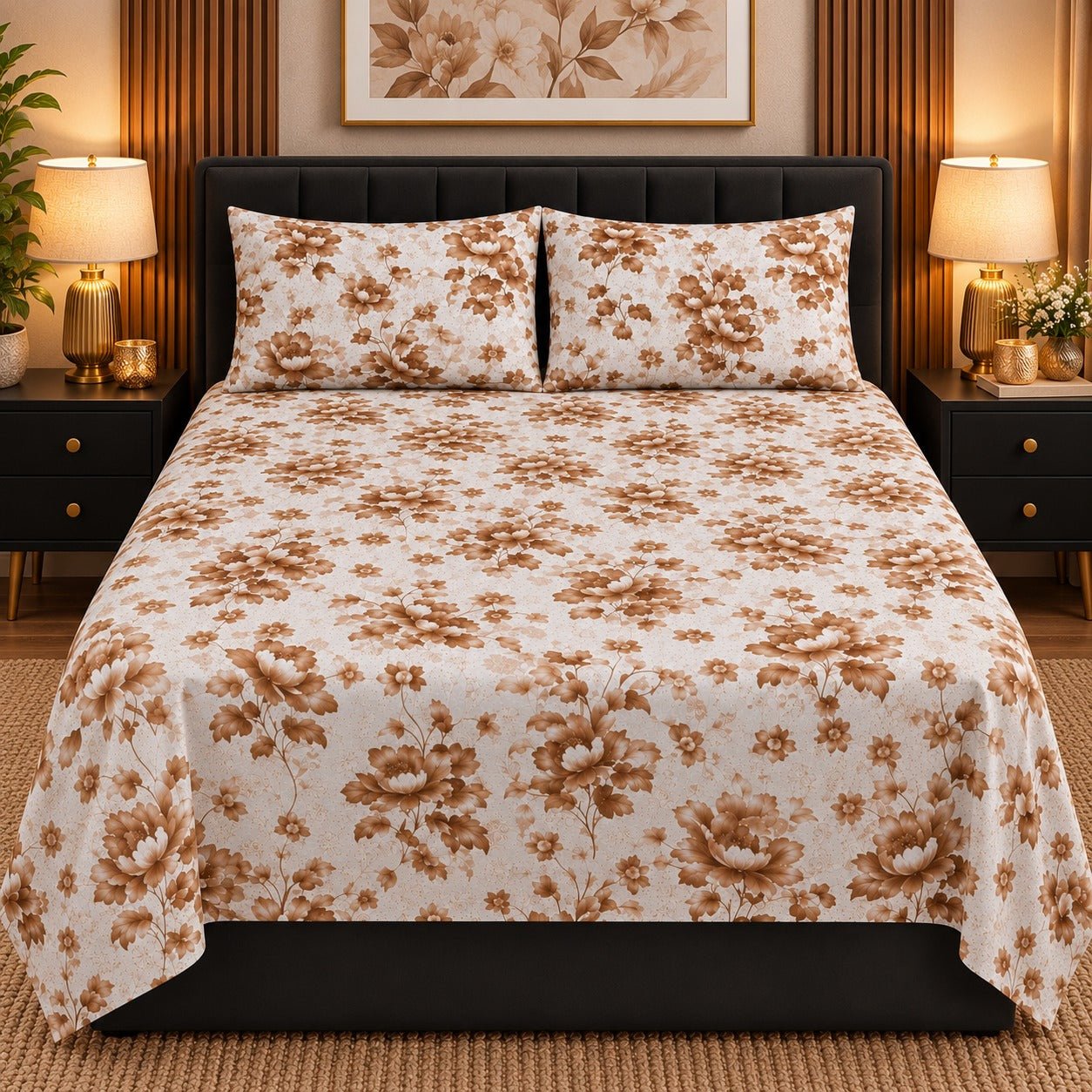 Burgundy Berry Branch Printed Cotton Double Bed Sheet with 2 Pillow Cases - The Idea